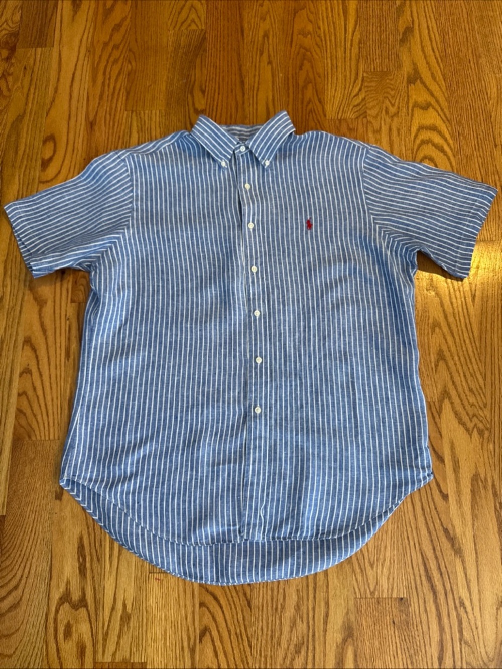 Ralph Lauren Blue and White Striped Short-Sleeve Button Down Shirt with Red Pony